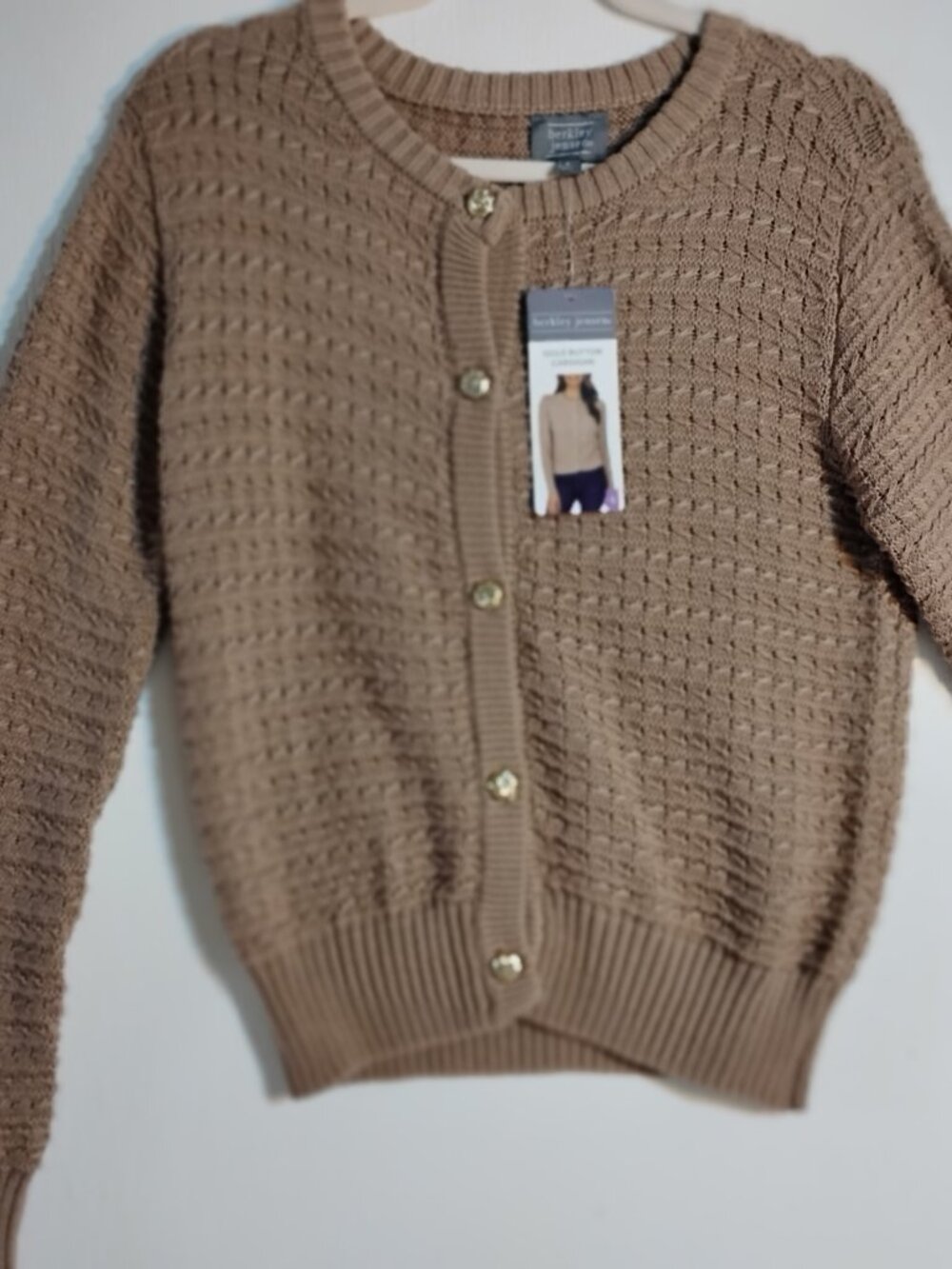 Berkley Jensen khaki beige classic cardigan with gold buttons, Size small.